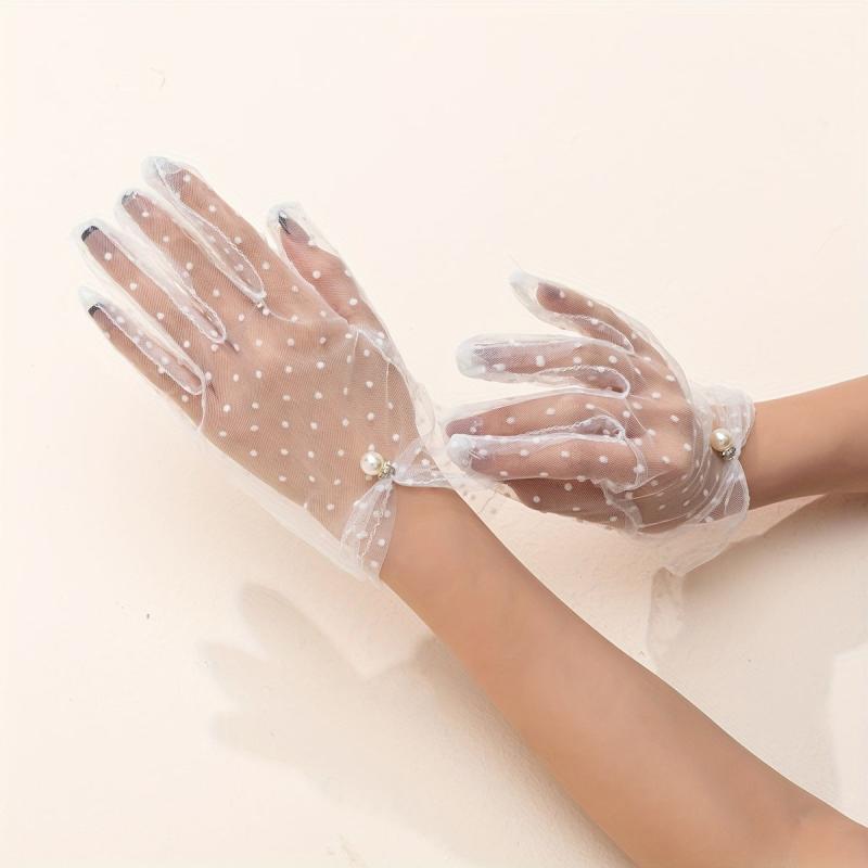 Polka Dot Mesh Gloves Pearl Pendant Decor Wedding Bridal Dress Gloves