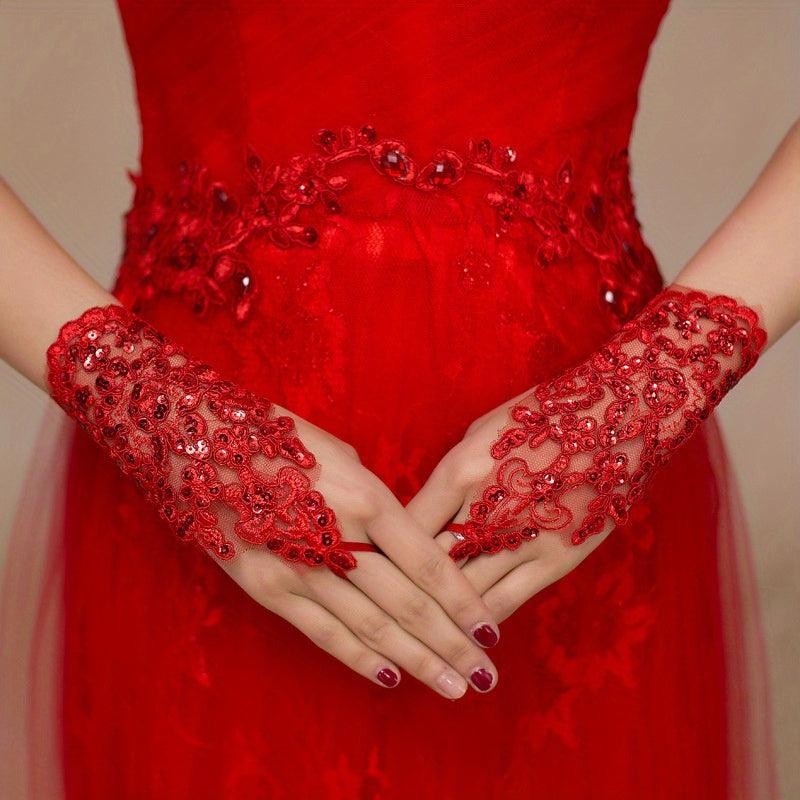 Bridal Wedding Lace Gloves Beaded Short Sequin Gloves