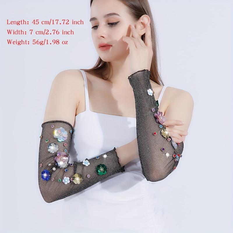 Y2K Sequin Flower Decor Gloves Ruffles Mesh Breathable Dress Women