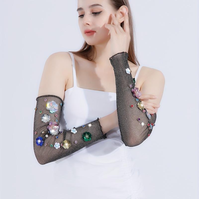 Y2K Sequin Flower Decor Gloves Ruffles Mesh Breathable Dress Women