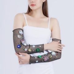 Y2K Sequin Flower Decor Gloves Ruffles Mesh Breathable Dress Women