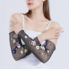 Y2K Sequin Flower Decor Gloves Ruffles Mesh Breathable Dress Women