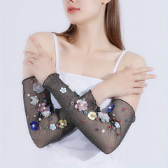 Y2K Sequin Flower Decor Gloves Ruffles Mesh Breathable Dress Women