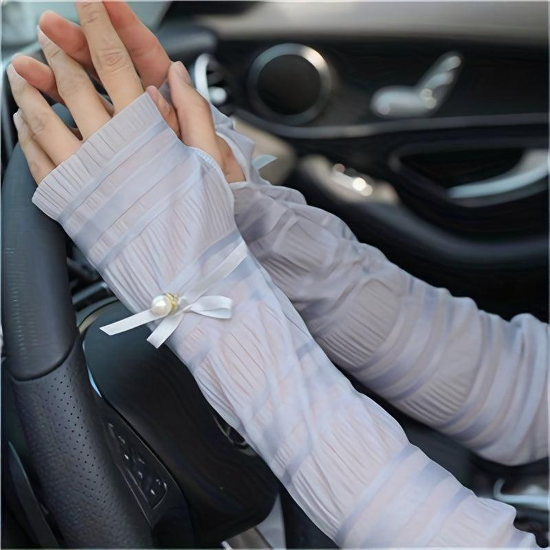 Lace Arm Sleeves Faux Pearl Decor UV Protection Women Gloves