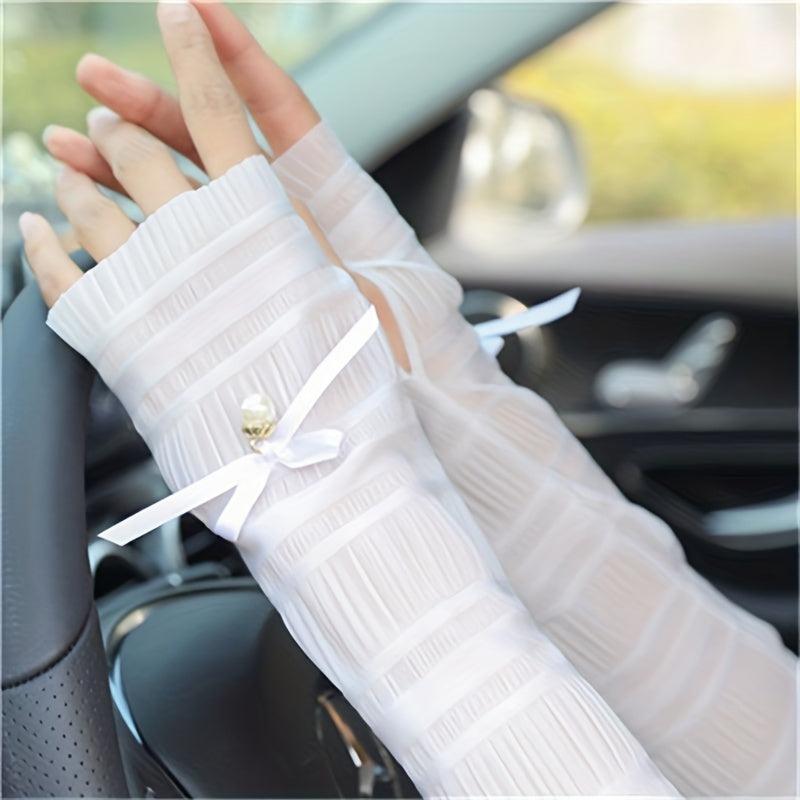 Lace Arm Sleeves Faux Pearl Decor UV Protection Women Gloves