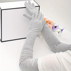 Stripe Sunscreen Gloves Long Arm Elastic Gloves Full Fingerless UV Protection
