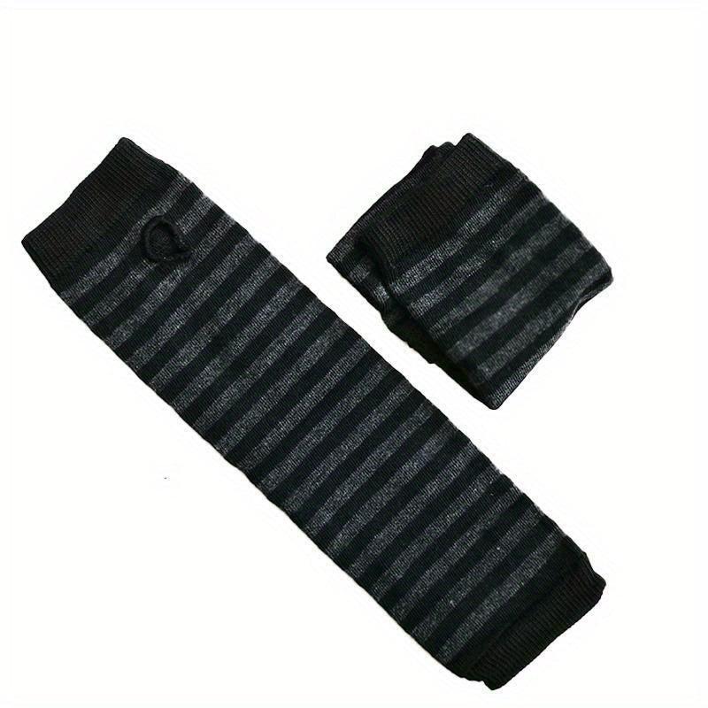 Striped Knitted Gloves Fingerless Arm Warm Long Sleeve With Thumb Hole for Women