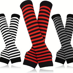 Striped Knitted Gloves Fingerless Arm Warm Long Sleeve With Thumb Hole for Women