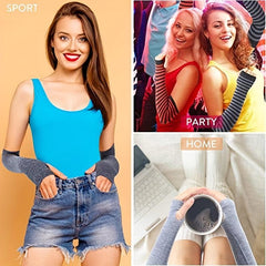 Striped Knitted Gloves Fingerless Arm Warm Long Sleeve With Thumb Hole for Women