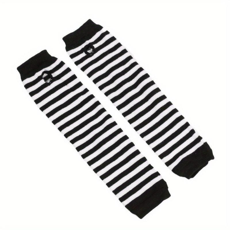 Striped Knitted Gloves Fingerless Arm Warm Long Sleeve With Thumb Hole for Women