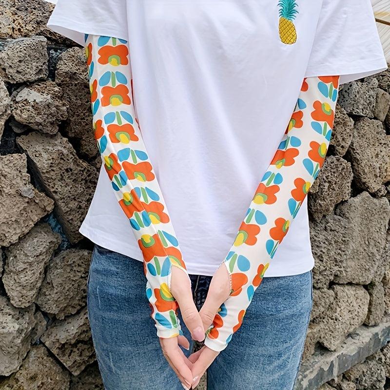 Extended Print Sleeves Sunproof Gloves Elastic Fingerless Long Gloves