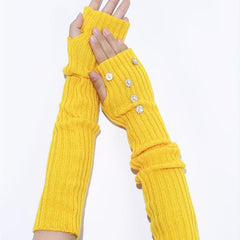 Yellow Knit Fingerless Gloves Y2K Pearl Flower Detail Warm Elastic