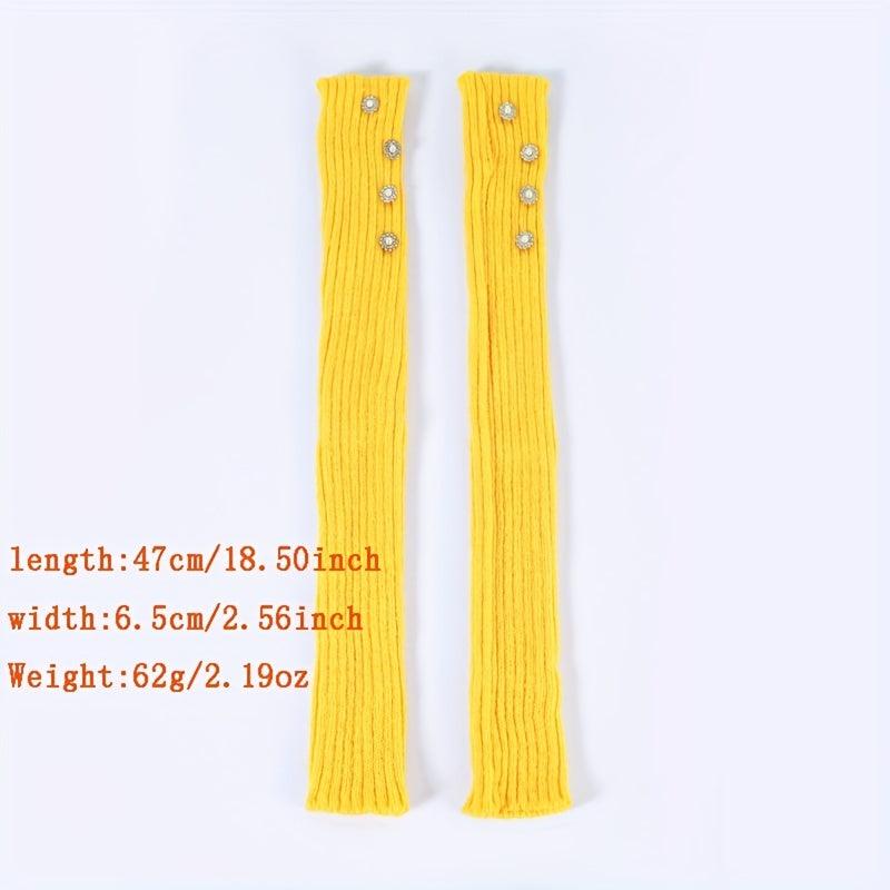 Yellow Knit Fingerless Gloves Y2K Pearl Flower Detail Warm Elastic
