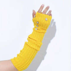 Yellow Knit Fingerless Gloves Y2K Pearl Flower Detail Warm Elastic