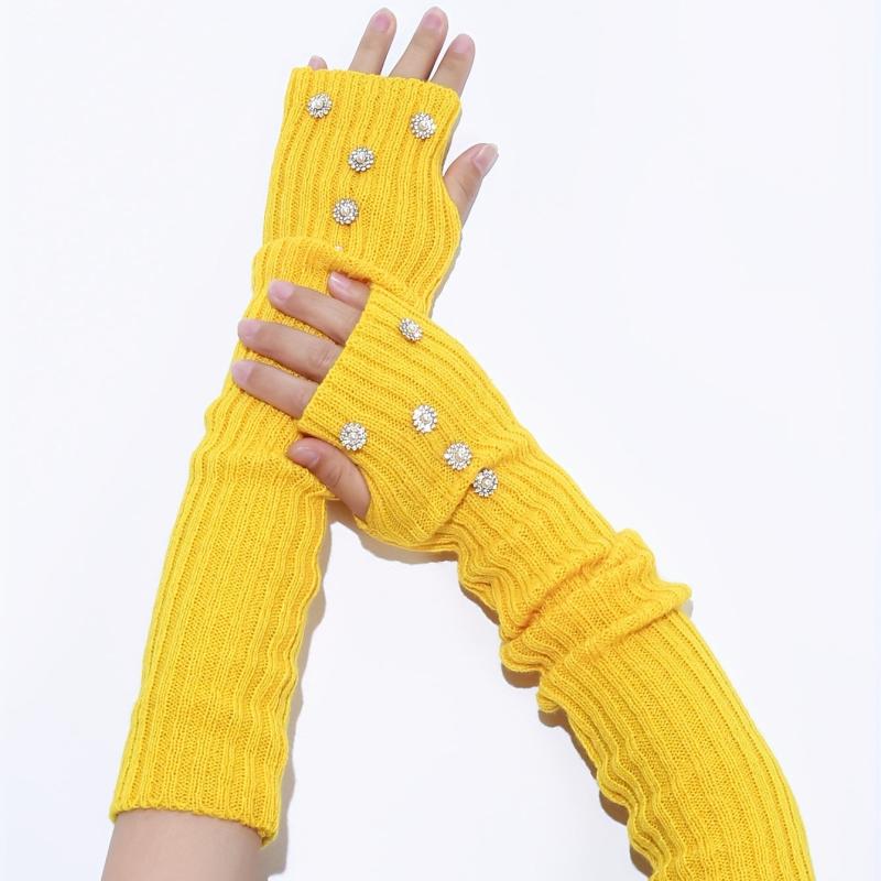Yellow Knit Fingerless Gloves Y2K Pearl Flower Detail Warm Elastic