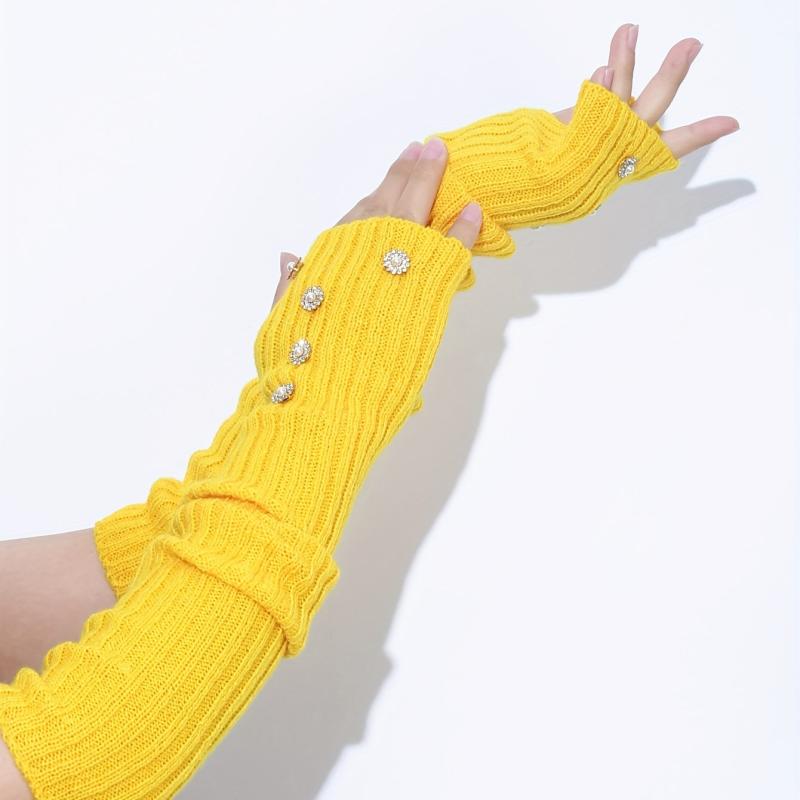 Yellow Knit Fingerless Gloves Y2K Pearl Flower Detail Warm Elastic