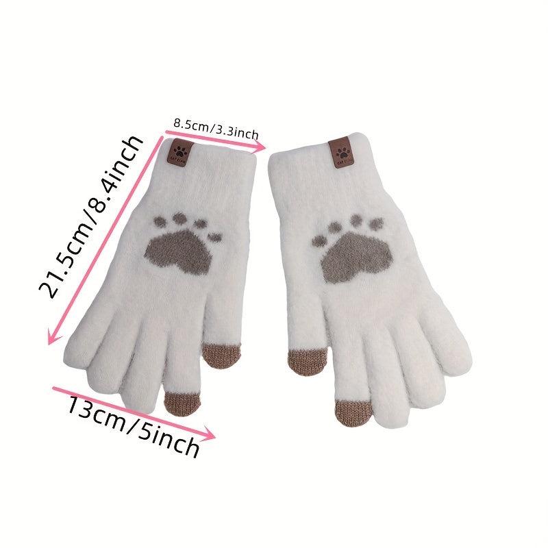 Women's Cat Paw Print Touch Screen Knitted Winter Gloves
