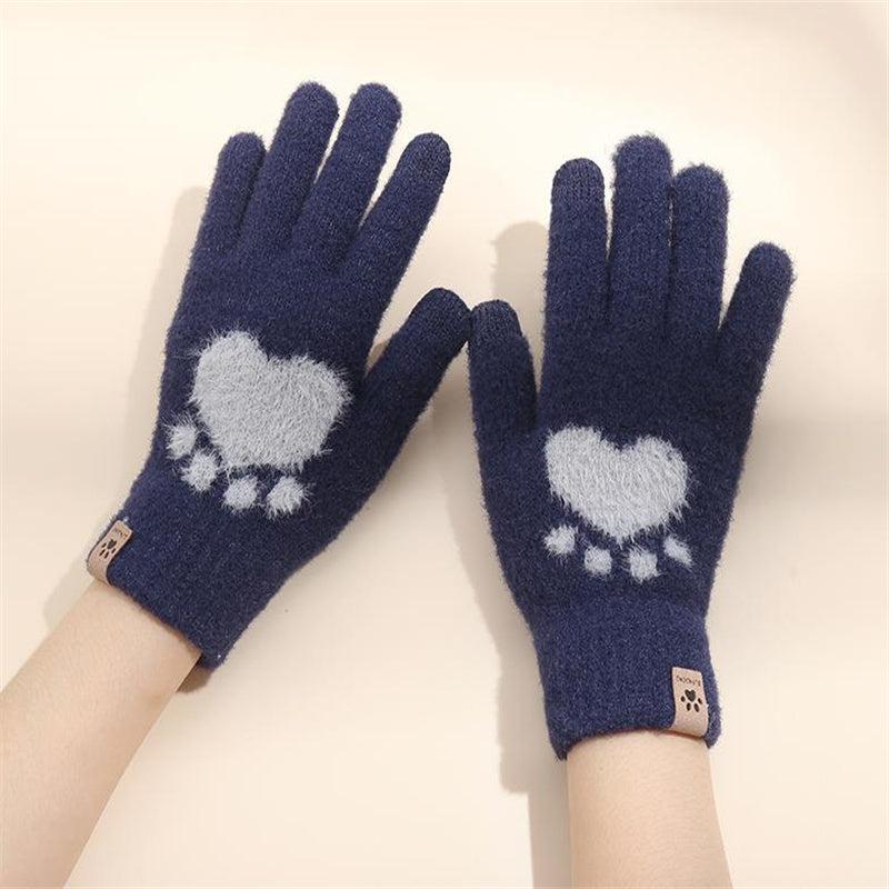 Women's Cat Paw Print Touch Screen Knitted Winter Gloves