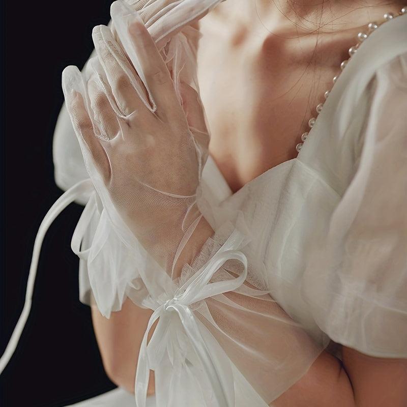 Bridal Lace Up Bow Gloves Short Transparent Gloves For Photography