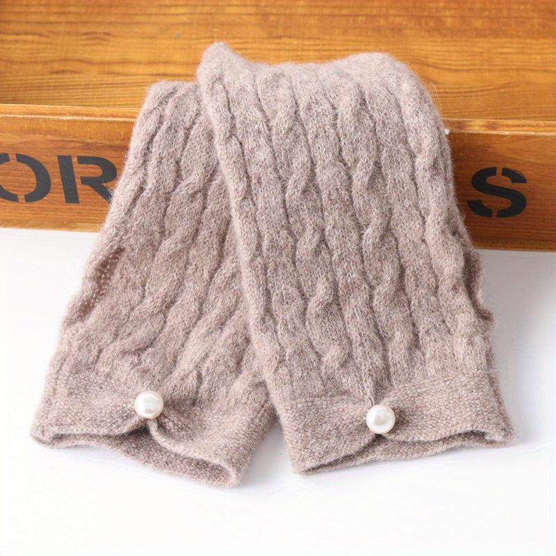 Velvet Wool Knit Fingerless Gloves with Faux Pearl Decor