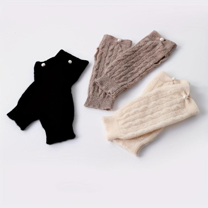 Velvet Wool Knit Fingerless Gloves with Faux Pearl Decor