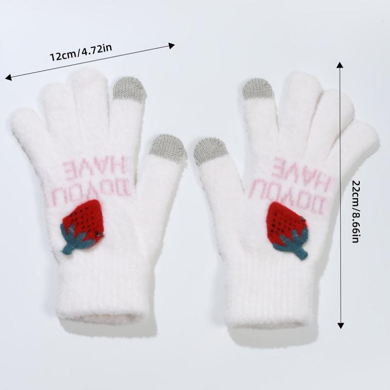 Strawberry Decorated Plush Winter Warm Gloves for Women Girls