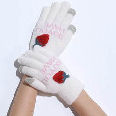 Strawberry Decorated Plush Winter Warm Gloves for Women Girls