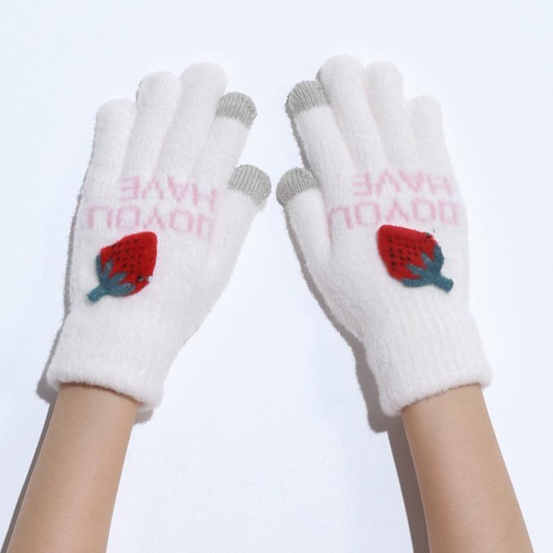Strawberry Decorated Plush Winter Warm Gloves for Women Girls