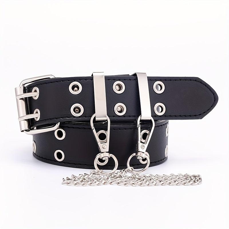 Punk Double Eyelet PU Belt with Chain Charm for Jeans
