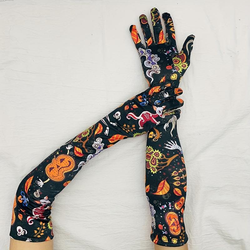 Cartoon Pumpkin Print Long Gloves Anime Halloween Gloves Unisex Vintage Cosplay