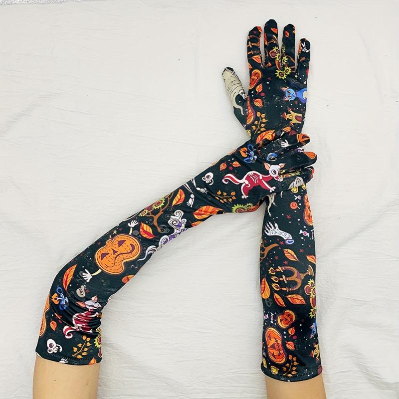 Cartoon Pumpkin Print Long Gloves Anime Halloween Gloves Unisex Vintage Cosplay
