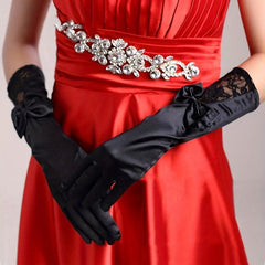 Bowknot Satin Long Gloves Lace Embroidery Classic Wedding Dress Gloves