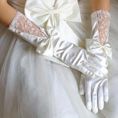 Bowknot Satin Long Gloves Lace Embroidery Classic Wedding Dress Gloves