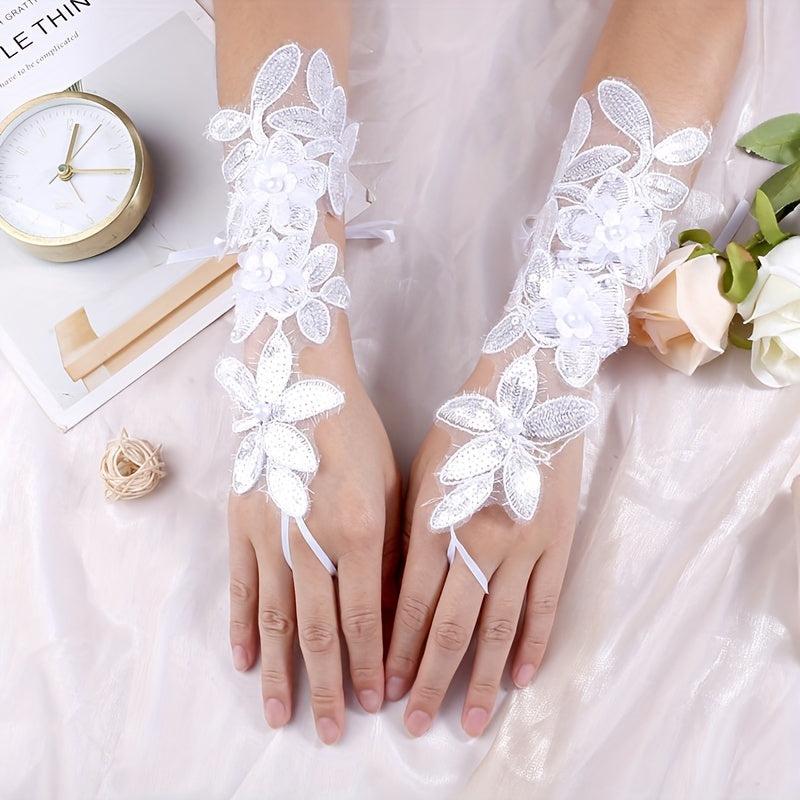 Lace Petal Pearl Gloves Crochet Fingerless Gloves Wedding Dress Decorative