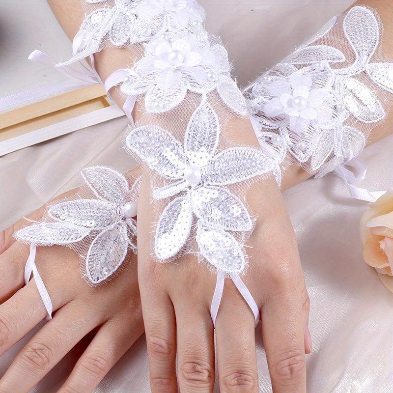 Lace Petal Pearl Gloves Crochet Fingerless Gloves Wedding Dress Decorative