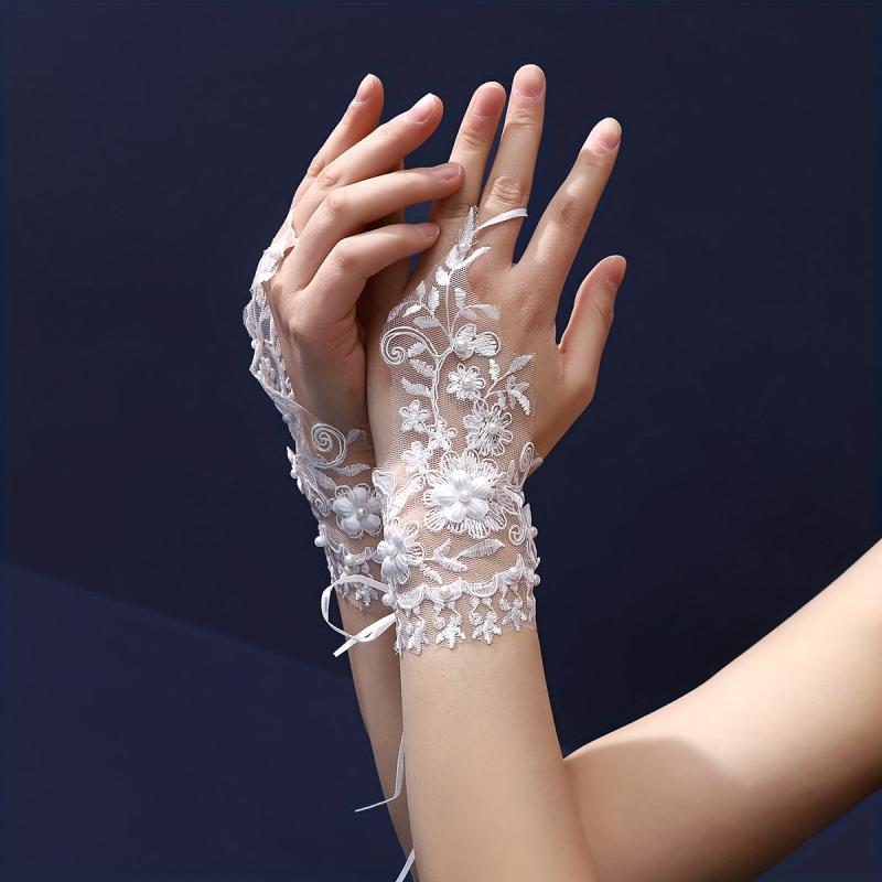 Flower Embroidery Short Gloves Rhinestone Pearl Fingerless Gloves