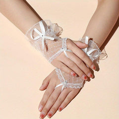 Sweet Bow Lace Gloves Solid Mesh Fingerless Gloves