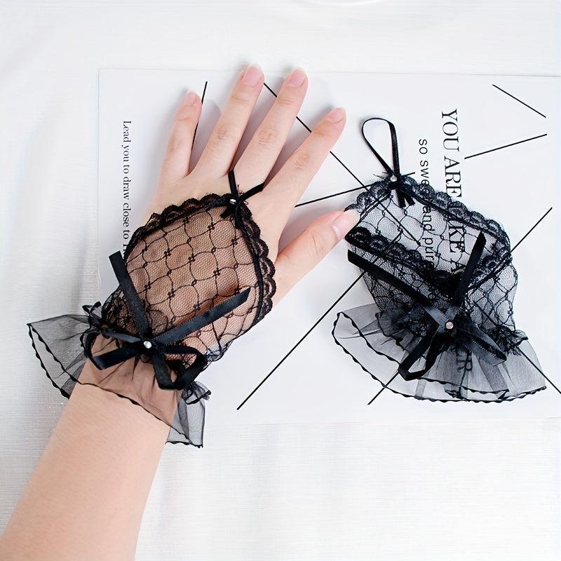 Sweet Bow Lace Gloves Solid Mesh Fingerless Gloves