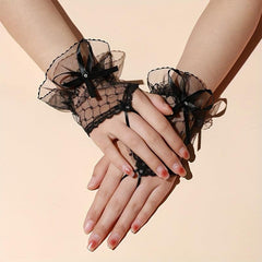 Sweet Bow Lace Gloves Solid Mesh Fingerless Gloves