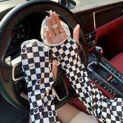 Plaid Sunscreen Gloves UV Protection Sleeves with Thumb Hole