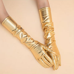 Bright PU Leather Long Gloves Golden Silvey Decorative Dress Gloves Accessories