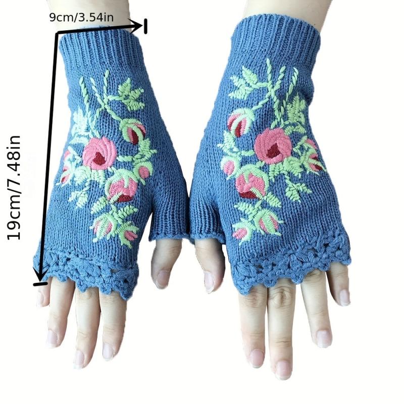 Knit Fingerless Gloves Embroidered Flower Warm Gloves for Winter