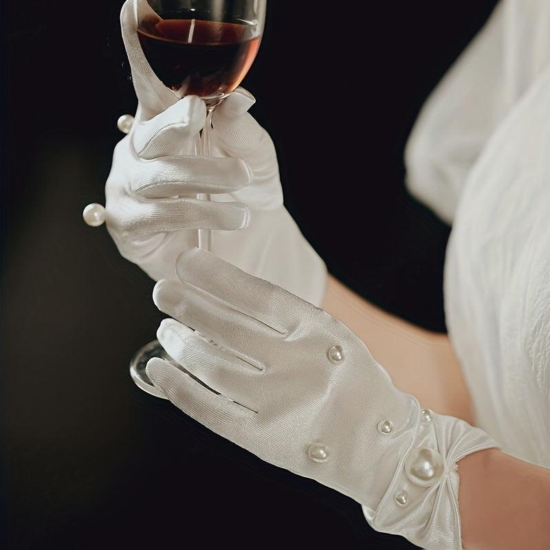 Short Satin Gloves Pearl Decorative Gloves Wedding Bridal