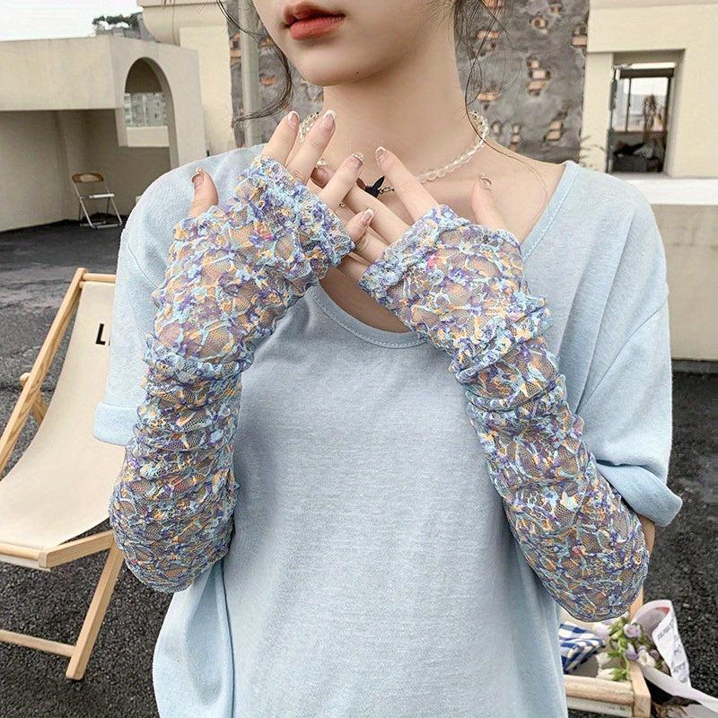 Floral Gloves Embroidery Sunscreen Long Sleeves for Sports