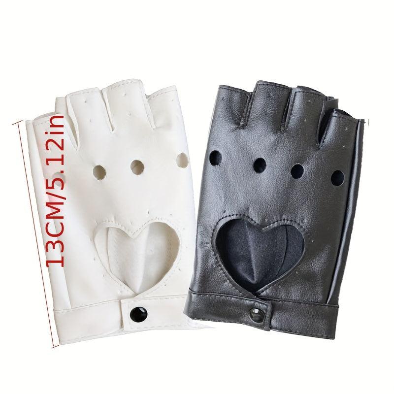 Heart Hollow Punk Gloves PU Leather Solid Hip Hop Fingerless Gloves