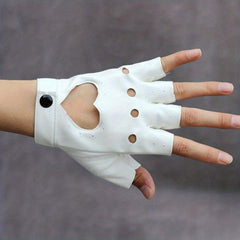 Heart Hollow Punk Gloves PU Leather Solid Hip Hop Fingerless Gloves