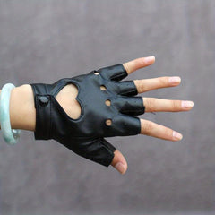 Heart Hollow Punk Gloves PU Leather Solid Hip Hop Fingerless Gloves