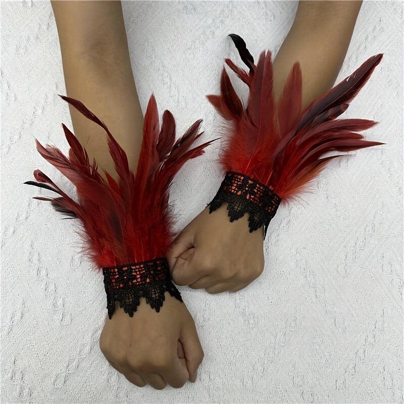 Punk Gloves Feather Wrist Cuff Gothic Carnival Arm Sleeve Halloween Cosplay