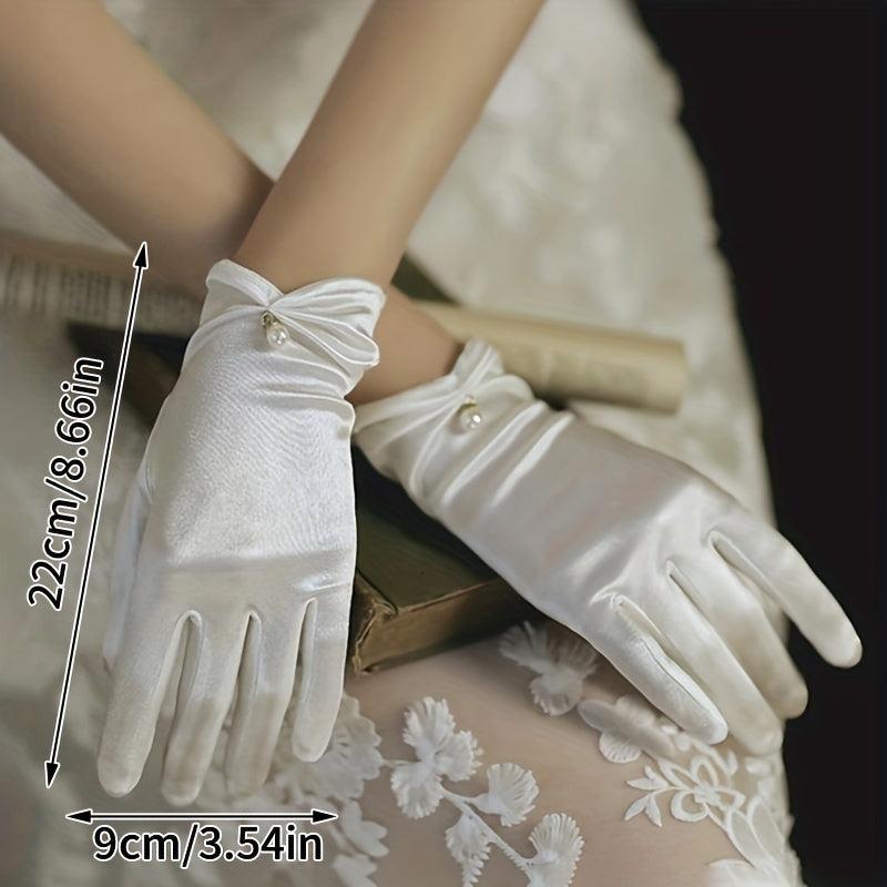 Faux Pearl Decor Gloves Satin Short Gloves Wedding Prom