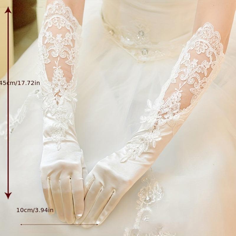 Satin Lace Gloves Faux Pearl Decor Embroidery Long Gloves For Women Wedding
